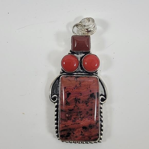 Handmade Silver Pendant Necklace with Red Jasper, Carnelian & 925 Sterling Chain - Picture 4 of 10